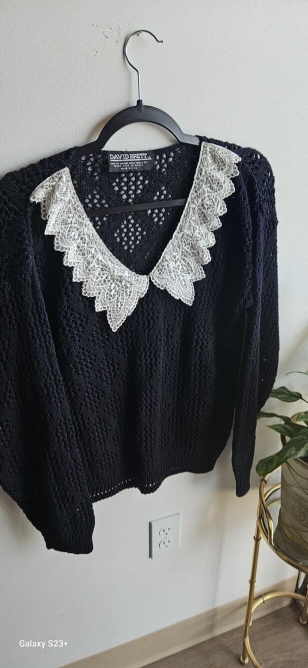 Vintage David Brett Womens Winter Black Knit Croched Sweater Made In USA L/XL